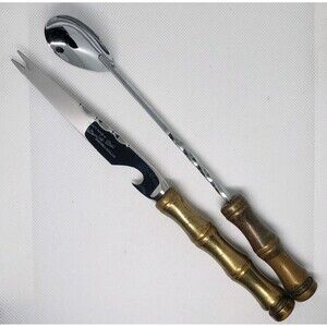 Vintage BAR / BARTENDERS Knife Bottle Opener Sheffield Spoon Brass Bamboo Handle